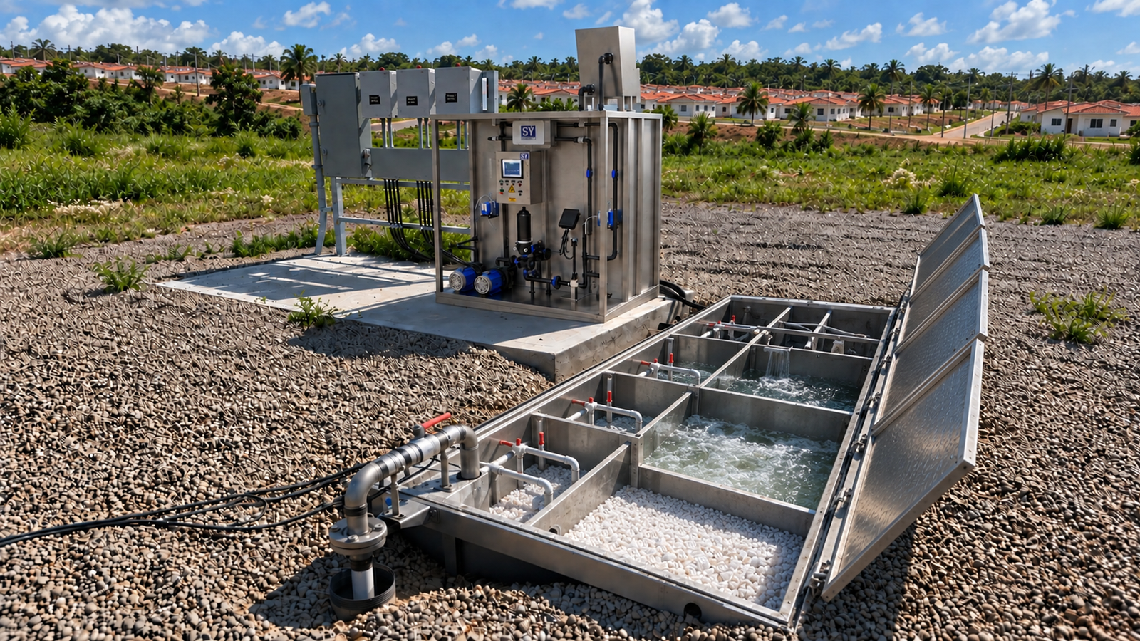 Bioterra planta de tratamiento de aguas residuales subterránea en acero inoxidable con cuarto de máquinas sobre superficie
